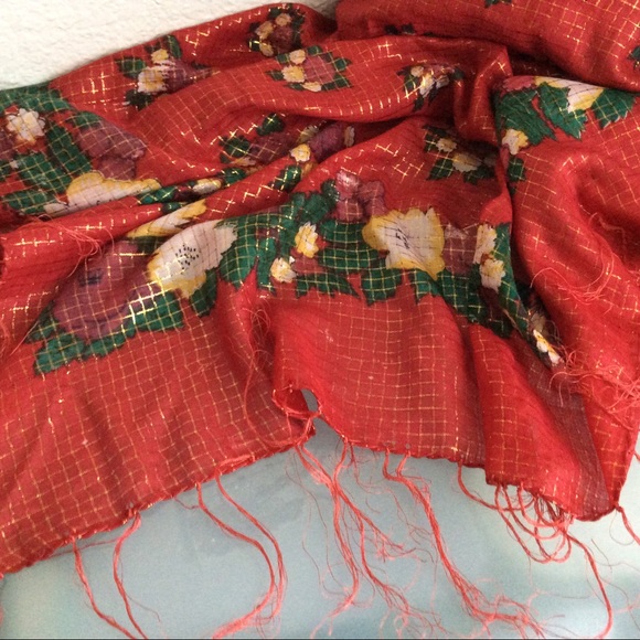 Scarf Red / Lurex Floral cotton - Picture 2 of 5